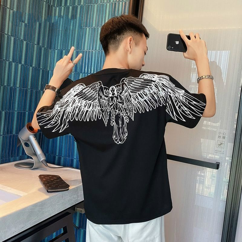 ins潮牌短袖2022年潮流半袖休闲痞帅夏季男装衣服半截袖 线条翅膀黑色
