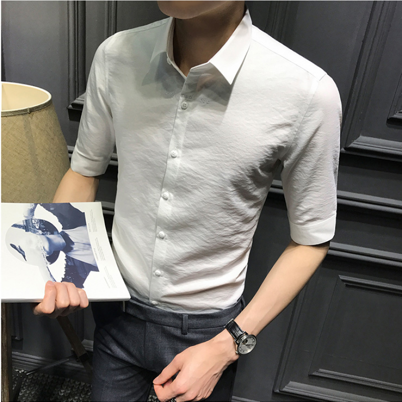 【抖音同款】衬衫老罗衬衫男短袖五分袖男白衬衫纯色中袖衬衣时尚青年