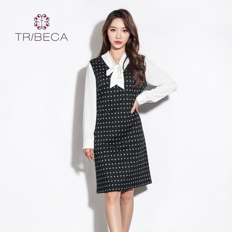 tribeca/翠贝卡秋季新款女士拼接飘带长袖连衣裙 黑色 160