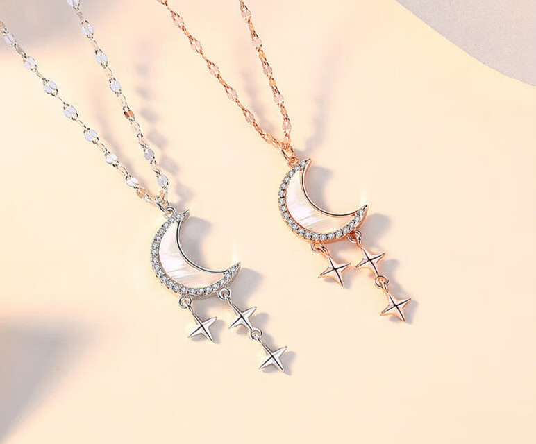 霂羽晨  s925银皓月星辰项链女时尚玫瑰金贝母毛衣链月光流苏吊坠