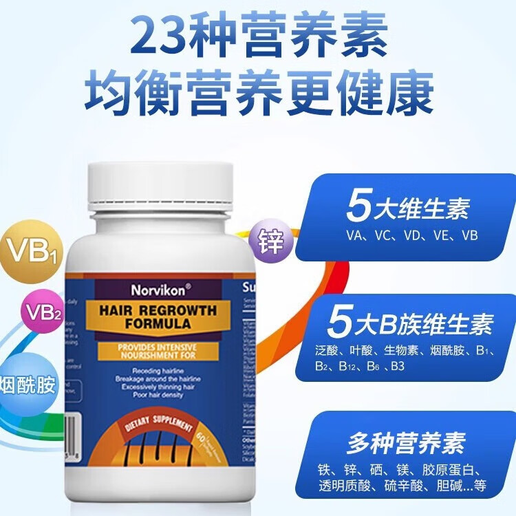norvikon美国进口生物素防脱发掉发白发复合多种维生素b7b6胶囊生发CL 60粒*3瓶 解决脱发白发 发量浓密