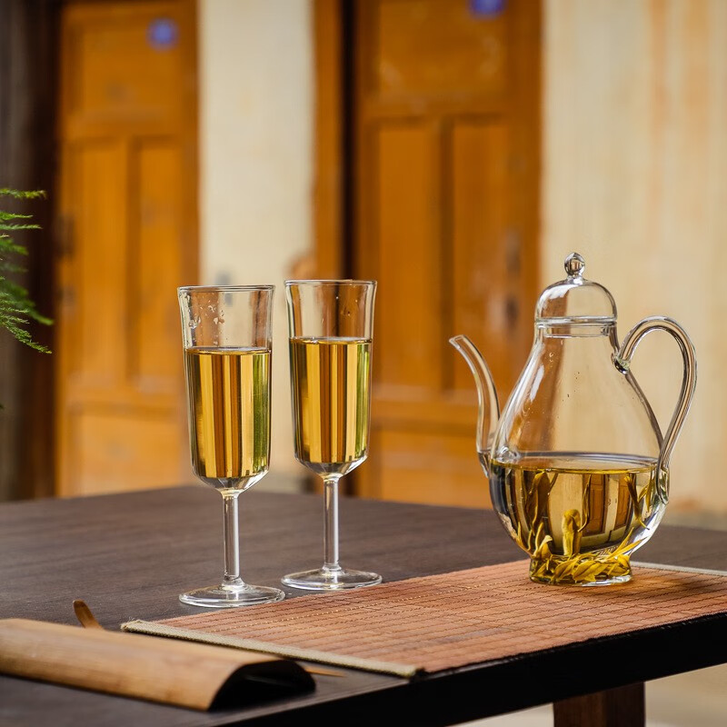 豐陶張生 日式加厚耐熱玻璃過濾龍井綠茶壺仿宋執(zhí)壺花茶泡茶器套裝公道杯 綠茶壺帶蓋500ML+2高腳杯
