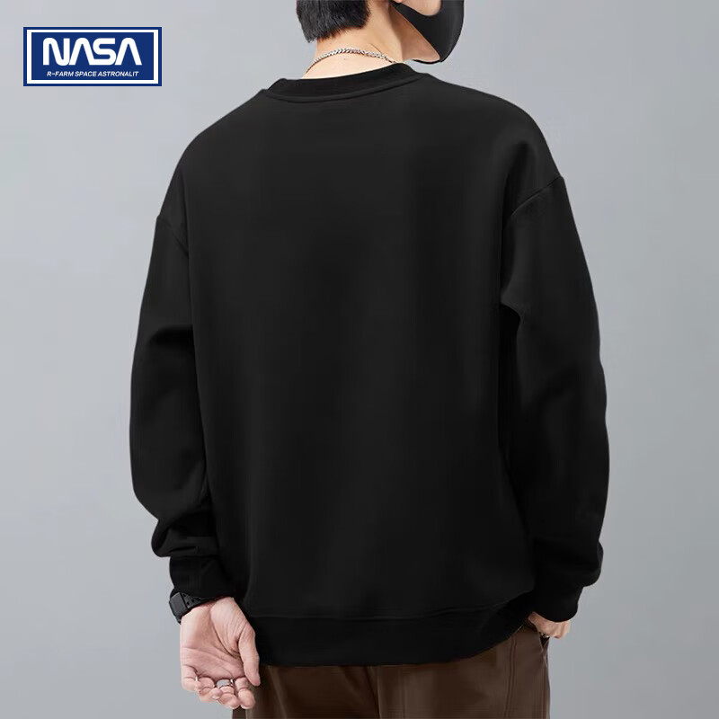 NASAR-FARM卫衣男春秋季休闲宽松版重磅落肩打底衫圆领潮流情侣学生男装上衣 黑色 M (100-115斤)