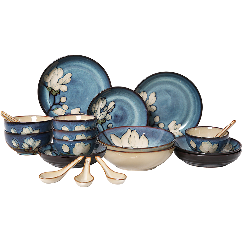 玉泉陶瓷馨蘭中式餐具套裝碗碟個性手繪窯變釉家用陶瓷碗碟盤餐具套裝 馨蘭20頭餐具套裝