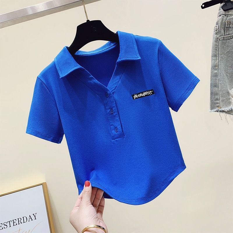 革代 t恤女有领带领短袖t恤女夏季polo衫女短款t恤女克莱因蓝色翻领