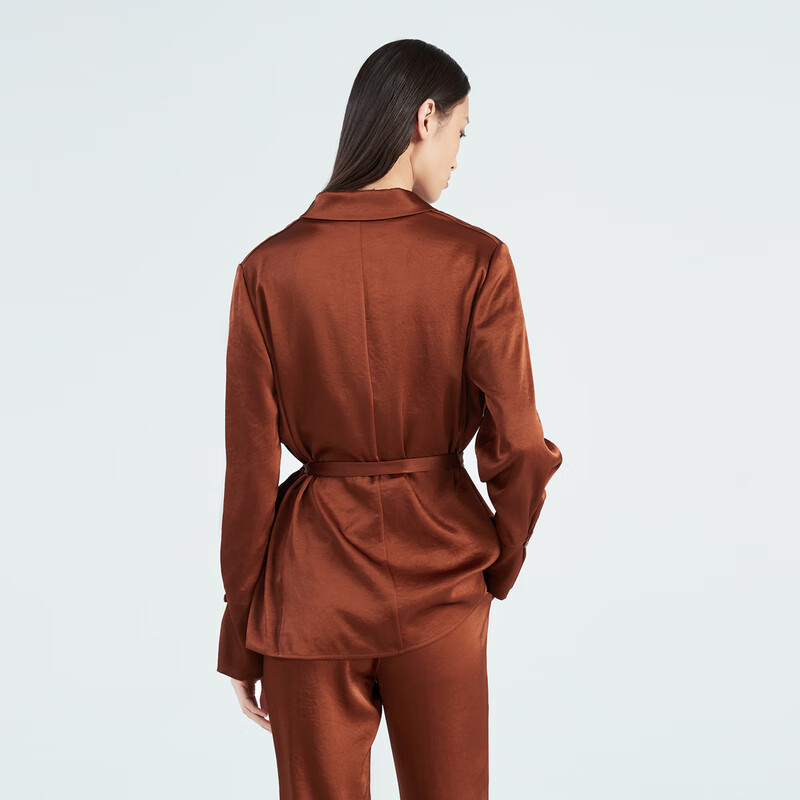 OVV2023春夏新款女装缎面三醋酸优雅休闲戗驳领随附腰带西服 红棕(净色)03 XS