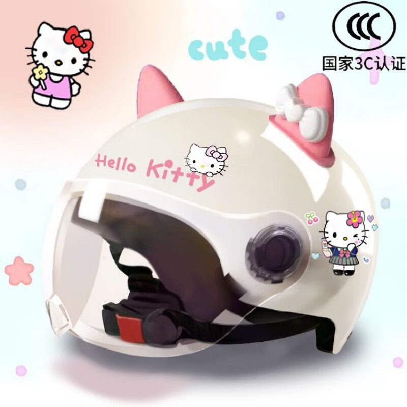 YOHE3C認證新國標Hello Kitty安全帽電動(dòng)車(chē)頭盔防曬可愛(ài)女士 四季通用 KT貓C款-透明-KT粉白 3C-高清長(cháng)鏡片