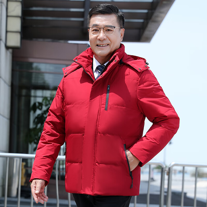 朦胧杏中老年羽绒服男本命年人冬季加厚商务可脱帽红爸爸装 红色 m 80