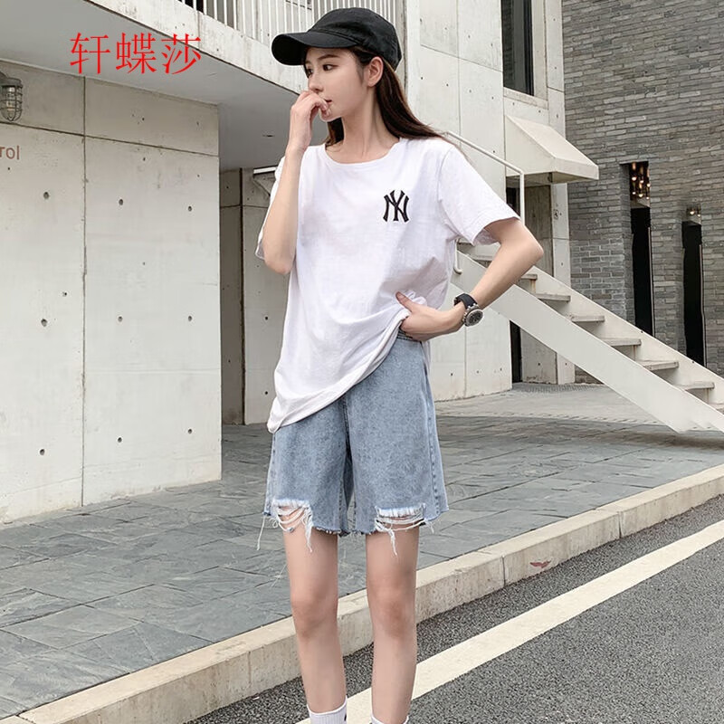 轩蝶莎破洞五分牛仔短裤女夏季薄款2023年新款宽松高腰显瘦5分中裤潮