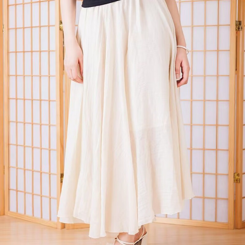 棉麻半身裙女夏季禅意风女装亚麻裙子大码仙气飘飘仙女裙长裙 米色