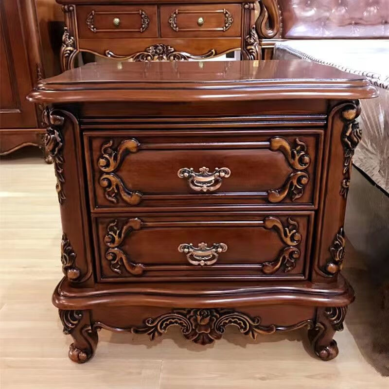 爱顺家 欧式复古雕花实木床头柜古典卧室床边柜储物柜深胡桃整装 板栗