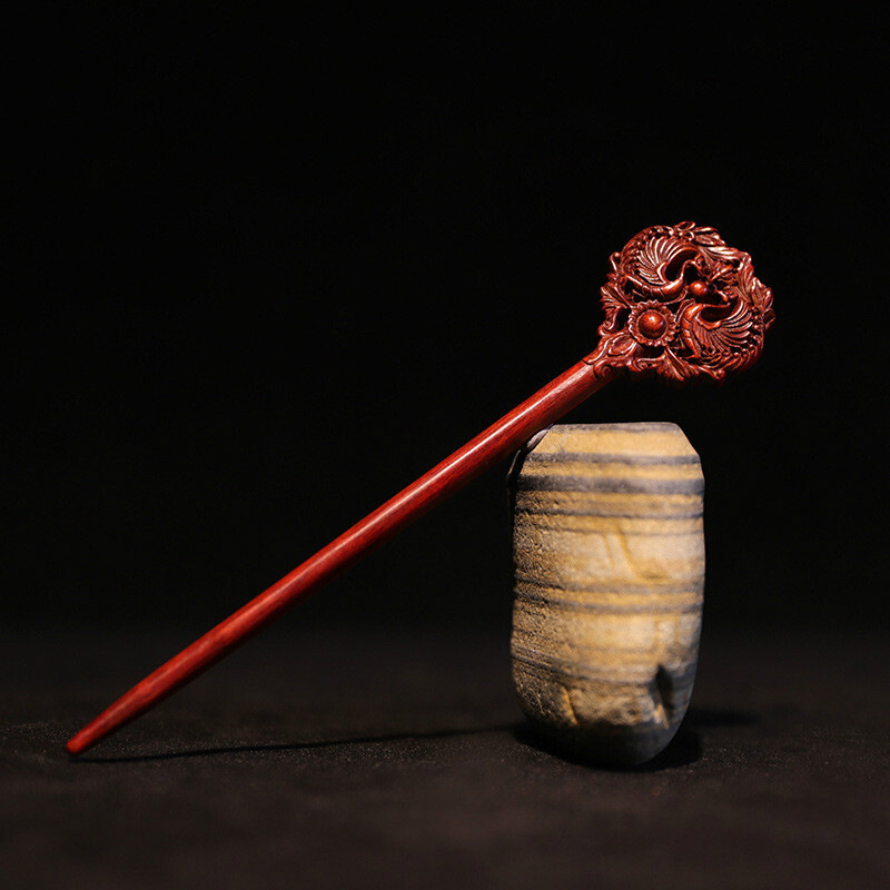 小叶紫檀双凤齐鸣簪子 复古典风木质发簪盘发简约女友生日礼物 双凤