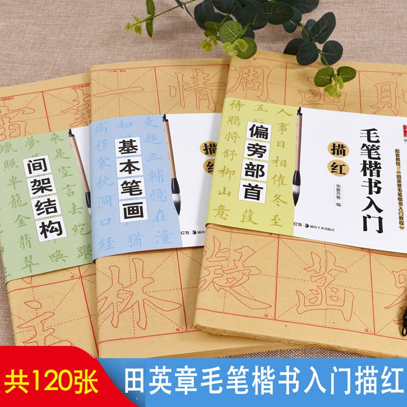 田英章毛笔楷书入门字帖 学生临摹描红本3册 毛边纸成人入门初学书法基础练习 基本笔画偏旁部首间架结构 红色