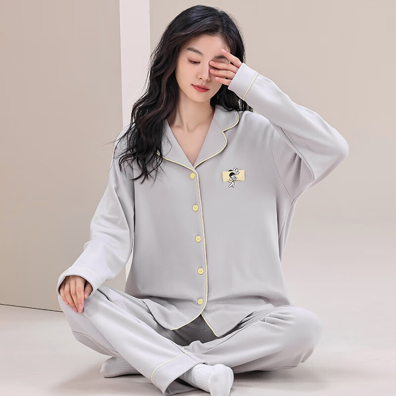 猫人睡衣女春秋 长袖两件套 开衫可外穿立体图案 可外穿家居服 08M6321浅灰色 3XL