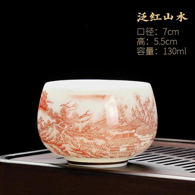 个人专用喝茶品茗杯陶瓷中国风大号茶盏 羊脂玉【禅定杯】泛红山水