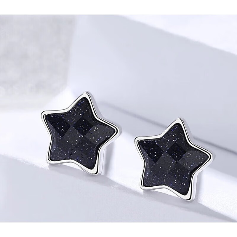 耳环星星耳钉女925银女气质韩国个性百搭显脸瘦超仙 银黑曜石星星耳钉