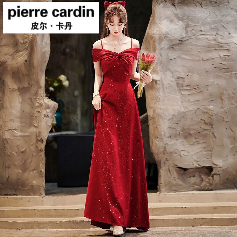 皮尔卡丹（pierre cardin）旗袍女一字肩敬酒服新娘2023平时可穿婚礼晚礼服裙女连衣裙中长款 酒红色(长款3621) S怎么样,好用不?