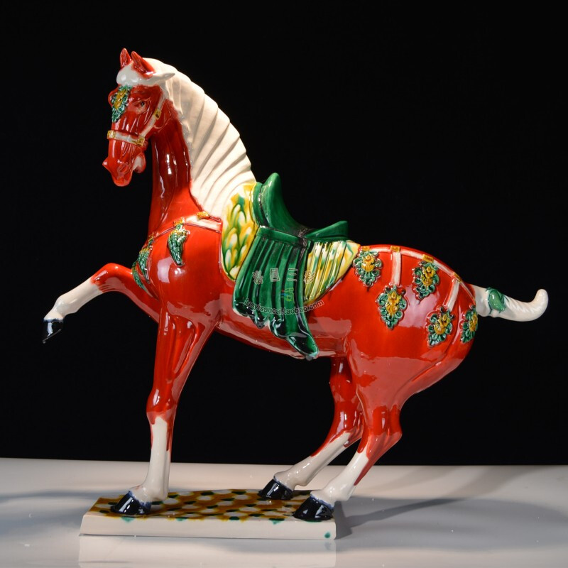 60cm纯手工艺术品大马唐三彩陶瓷红马客厅玄关会所轻奢摆件 红色