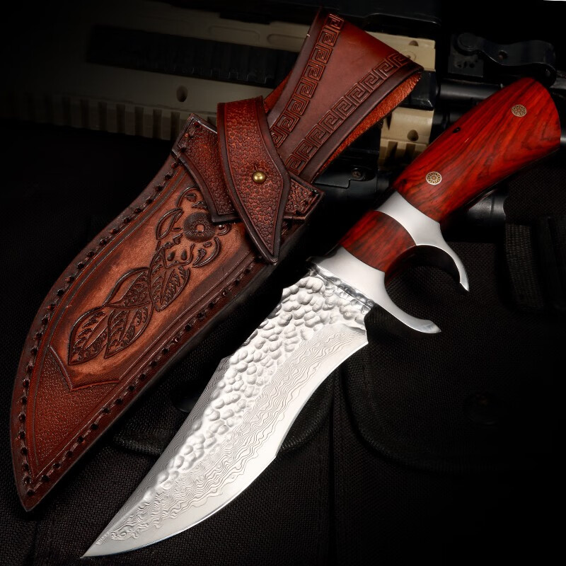千刀汇手工锻打花纹钢大马士革钢刀沙漠铁木手柄雕花牛皮刀鞘高硬度