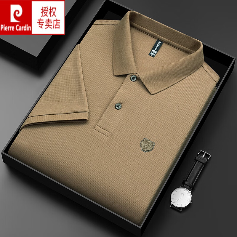 皮尔卡丹(pierre cardin)丝光棉t恤男短袖老虎头polo纯棉夏季新款冰丝半袖休闲上衣 卡其灰 180/XL