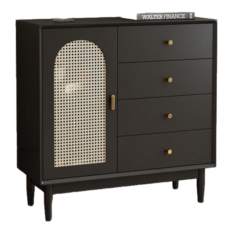 雷勒（rayle）藤编斗柜复古黑色客厅靠墙收纳柜法式置物储物柜立柜高级感中古柜 H-247一门四抽-直角100*40*100 上门安装