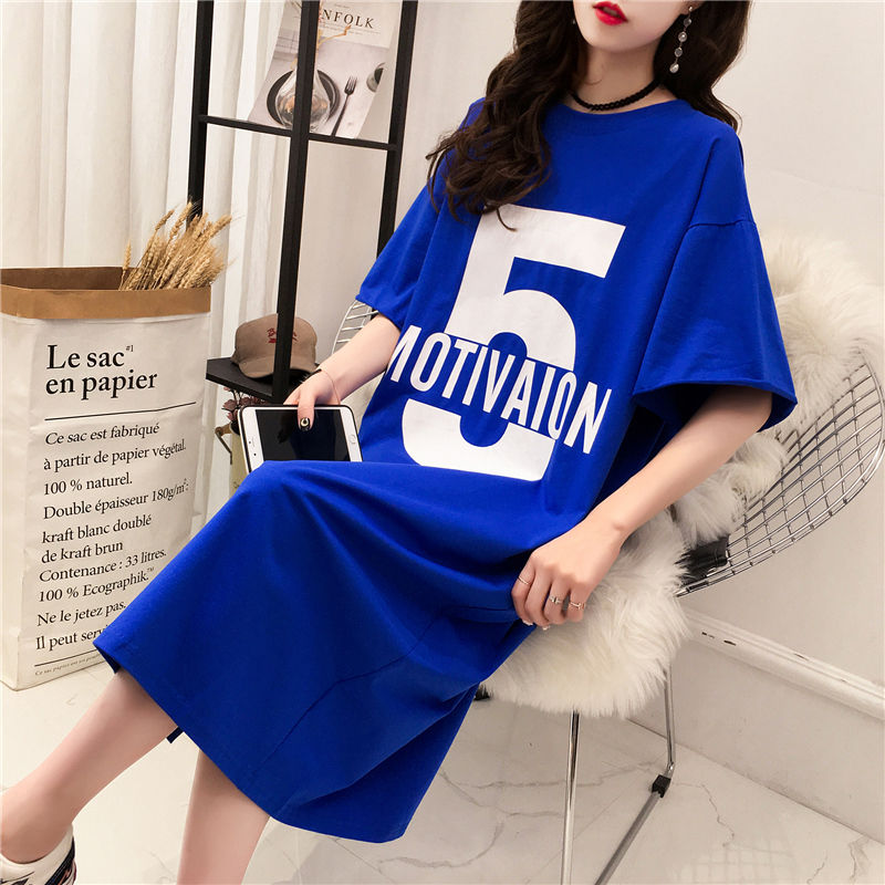 摩乔长款过膝t恤女短袖韩版宽松半袖打底衫连衣学生chic上衣 j05 数字