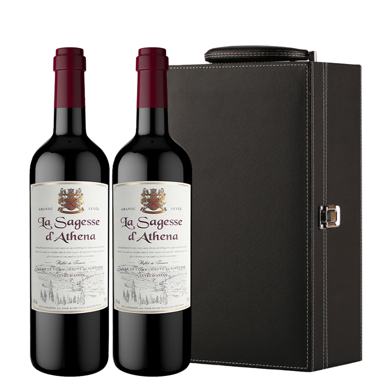 雅典娜（Athena）法国原瓶进口红酒 雅典娜红葡萄酒750ML 双支皮盒装