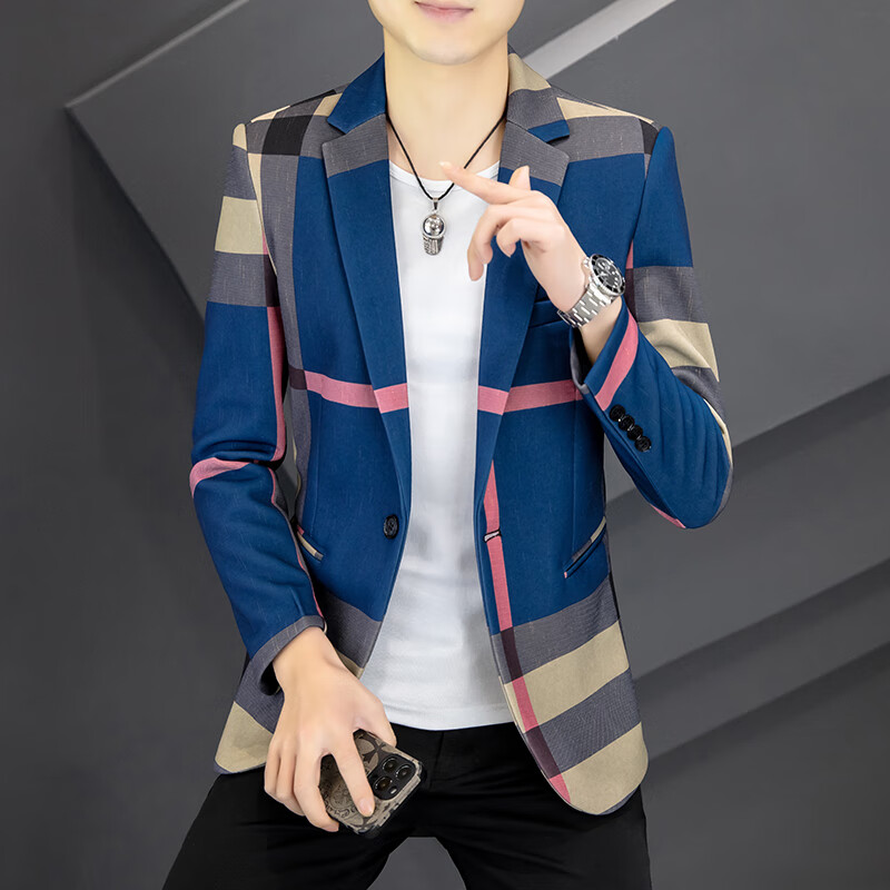 梦娇男装乱格西服新款休闲西装男外套青年韩版修身潮流男装男士小西服