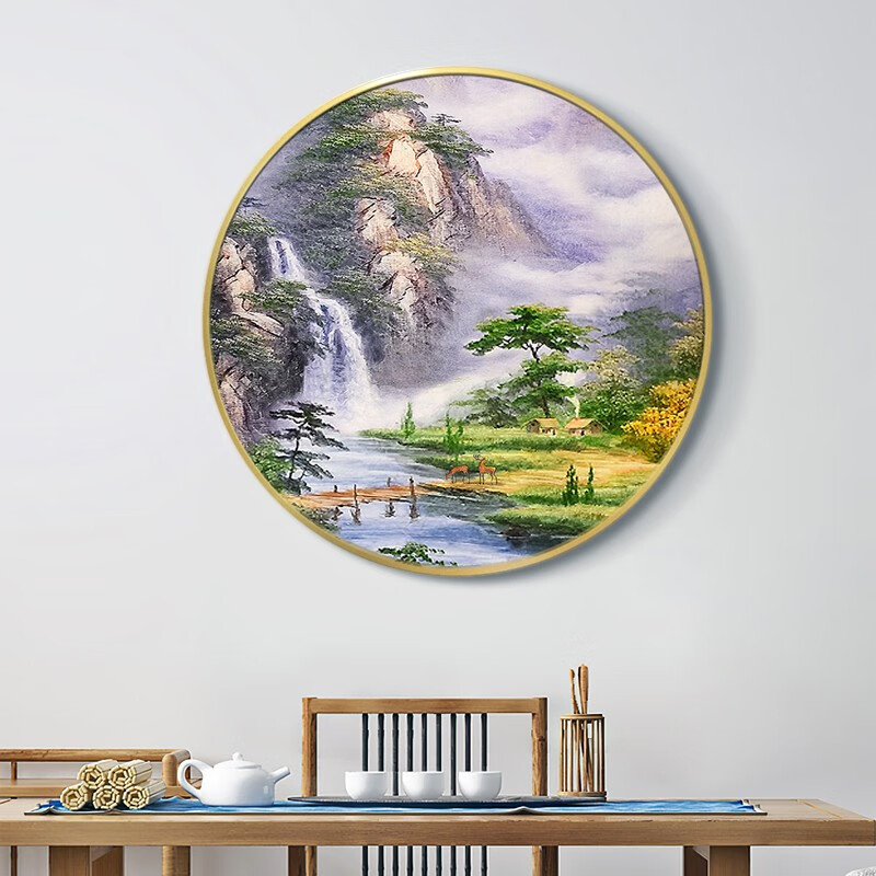 方楚定制手绘装饰挂画新中式客厅玄关山水风景画圆形餐厅客厅过道福鹿