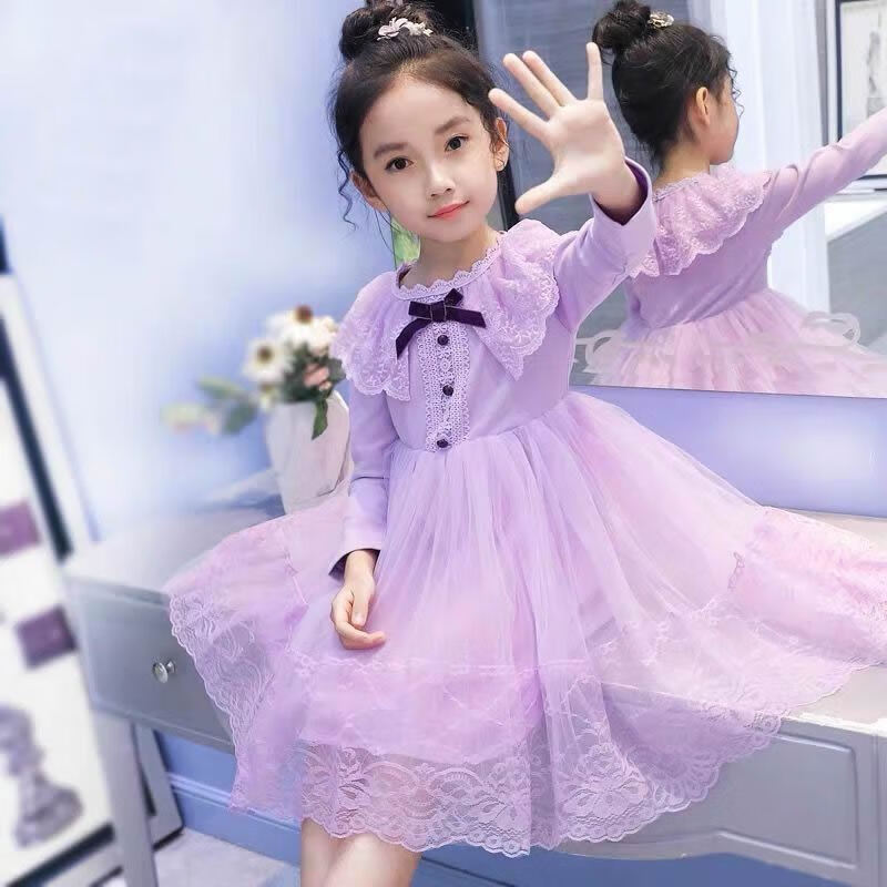 春装连衣裙长袖2023新款儿童春秋裙子洋气女孩宝宝公主裙白色 紫色
