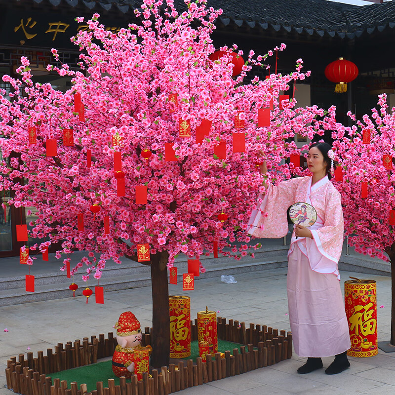 九叶草仿真桃花树假桃树室内外装饰商场新年大型许愿树红包祈福树梅花树 新年装饰鞭炮