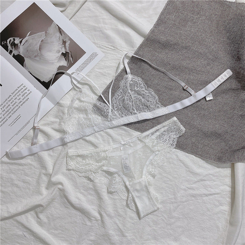 镂空深v内衣女小胸无痕白色文胸薄镂空内衣绑带诱人单排扣奶罩无钢圈