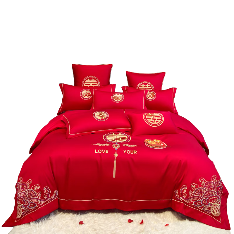 GRACE 洁丽雅 婚庆四件套 结婚红色传统刺绣婚庆套件被套床单枕套  天禧2*2.3m