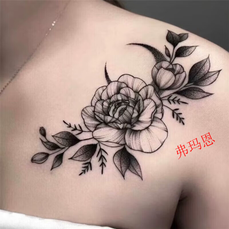 弗玛恩素花肩膀纹身贴暗黑玫瑰花朵刺青女肩膀性感小清新漏 3张 无