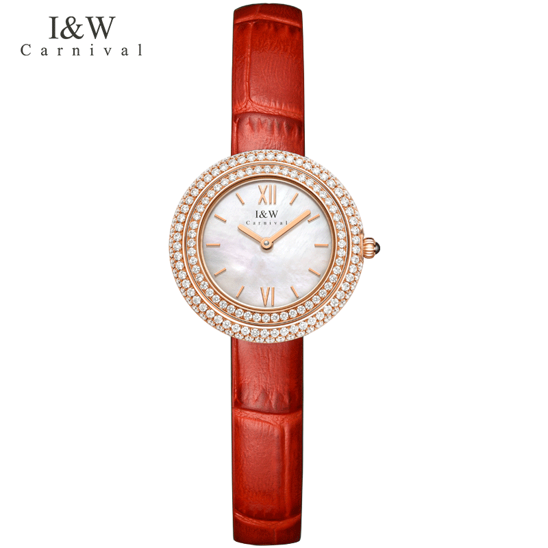 爱沃驰瑞士达芬奇系列璀璨星空轻奢石英手表女士表七夕生日礼物送女友 玫壳白盘|红皮带