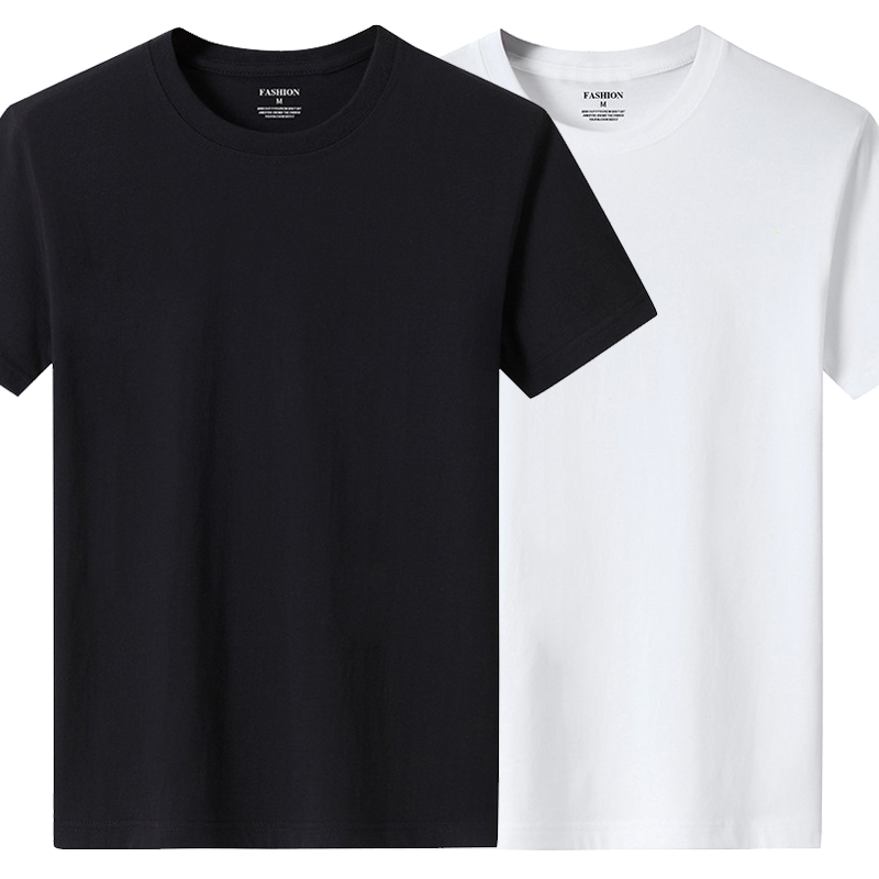无领t恤男大码夏季男士短袖t恤宽松棉质上衣服圆领半截袖潮流黑白纯色