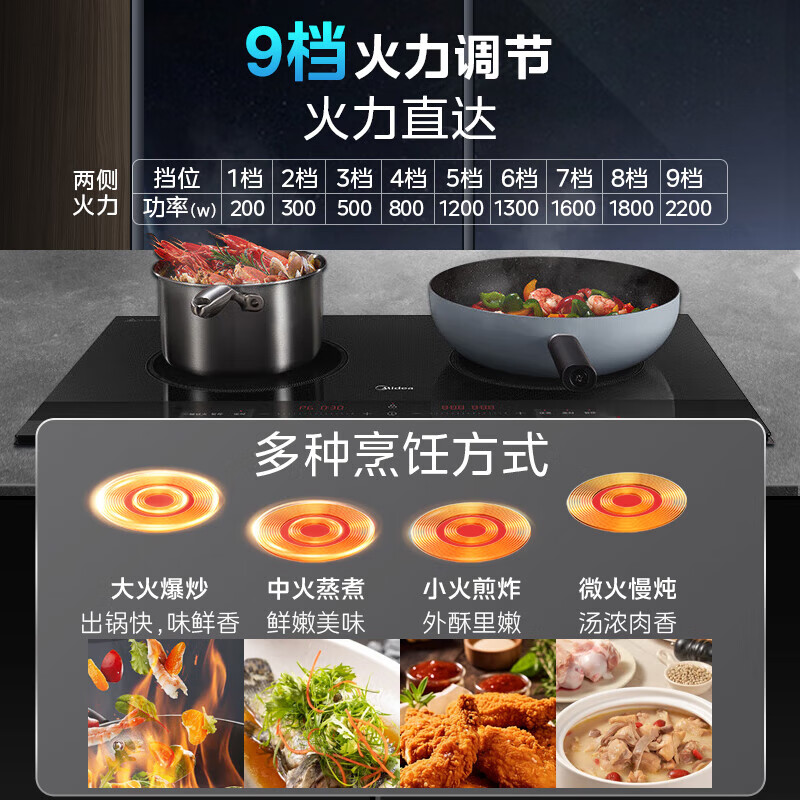 美的（Midea）电磁炉双灶电磁灶家用3500W大功率电陶炉嵌入式定时功能耐用大面板滑触精控 MC-ZDT3521Z 电磁炉 MC-ZDT3521Z