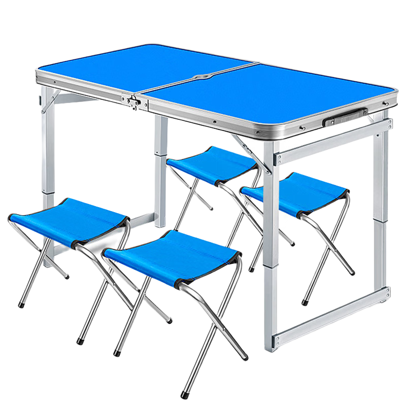 順優(yōu) 折疊桌子戶(hù)外便攜燒烤擺攤桌鋁合金桌藍色方管單桌+四凳SY-0106
