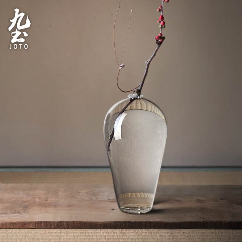 九土日式禅意玻璃花瓶透明水培花器简约创意现代家居餐桌客厅插花摆件 款式一磨砂款【不含花】
