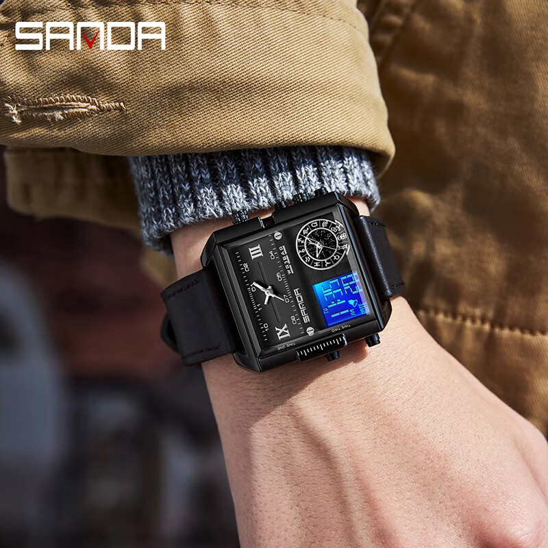 三达(sanda)新概念手表男士多功能大表盘双显方形防水夜光电子表潮流