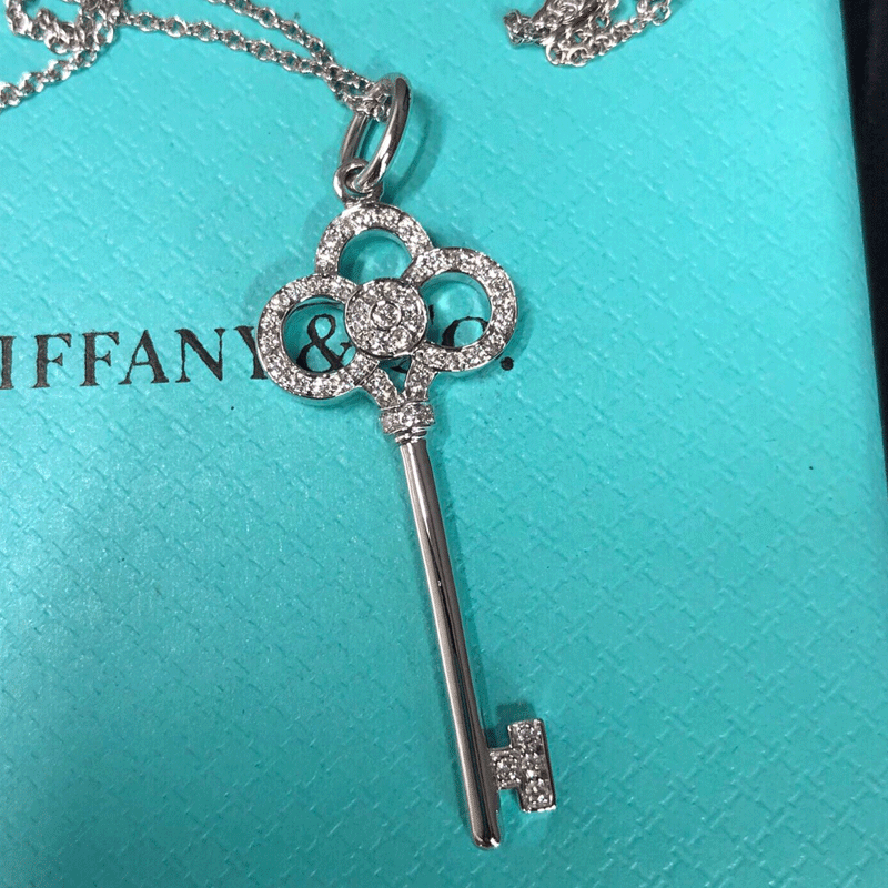 【二手99新】未使用 tiffany蒂芙尼白金 镶钻皇冠钥匙项链 白金镶钻