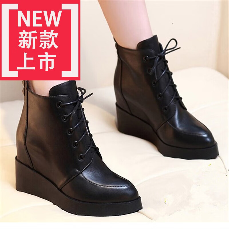 款2021新款秋季女鞋真皮内增高坡跟鞋韩版女皮鞋百搭加绒女士鞋子潮