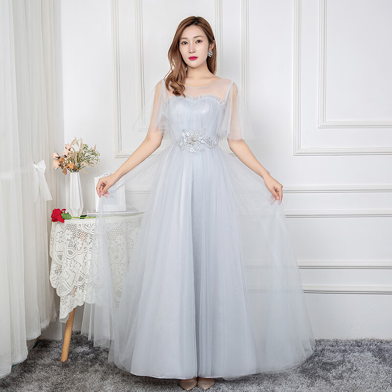 显瘦姐妹团闺蜜礼服裙女演出服长款秋冬 浅灰色a s码胸围80cm腰围63cm