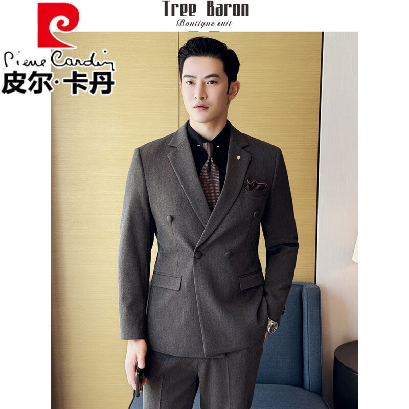 皮尔卡丹（pierre cardin）高定新郎结婚西服套装男礼服英伦西装韩版修身商务休闲职业正装帅 咖色#(西装+马甲+西裤) M