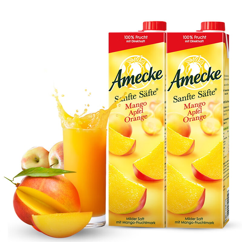 爱美可（Amecke）进口果汁 德国原装鲜榨芒果苹果混合果汁 1L*2瓶装（新老包装交替发货）