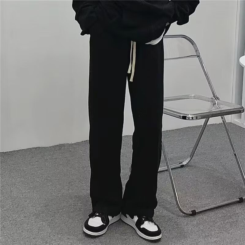迪伽达美式高街牛仔裤男装春夏潮ins宽松阔腿长裤直筒裤黑色休闲裤子男 DFFS-636黑色 常规 抽绳款 L 【建议115-130斤】