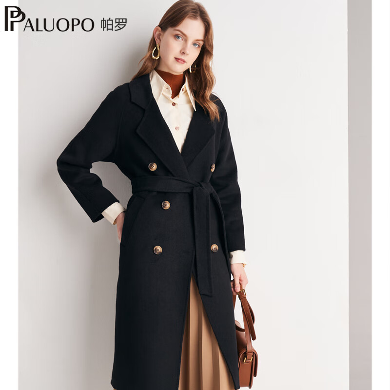 帕罗(PALUOPO)秋冬新款女装毛呢大衣时尚优雅翻领系腰带显瘦百女式羊毛外套 45%羊毛102 M 160/84A