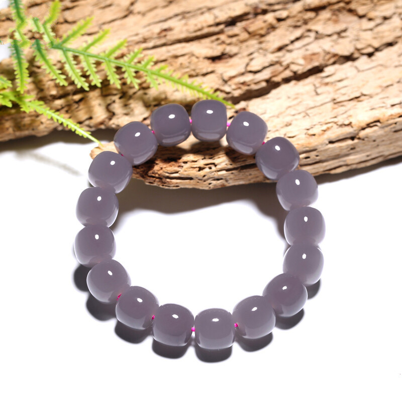 古珍 收藏级新疆和田玉烟紫色手串玉石女款桶珠紫罗兰玉手链带证书送