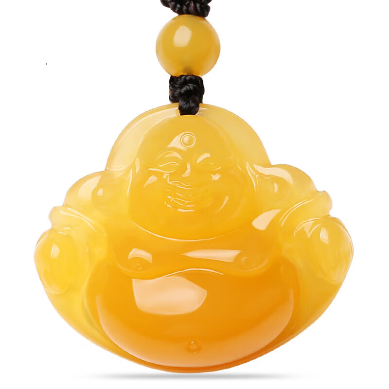 歌盼 云南龙陵黄龙玉鸡油黄弥勒佛吊坠 玉石女款大肚笑佛挂件