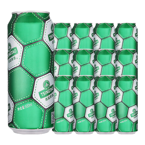 青岛啤酒 TSINGTAO 足球罐经典10度啤酒500mL*12罐 赠福禧500mL*4罐*2件